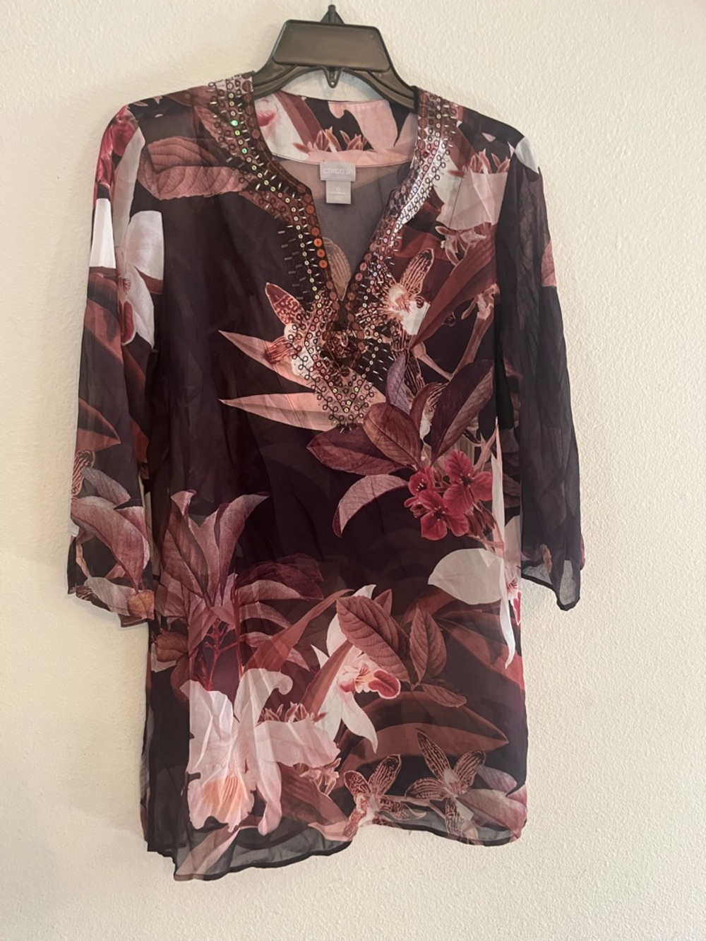 Chico’s Embellished Split Neck Floral Tropical Print Sheer Tunic Size 0 USA 4/6